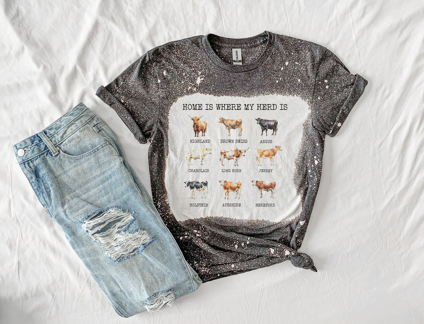 Home is Where My Herd Is Cow Shirt Tee, Cow Bleached Shirt, Cow Shirt Cow Tee