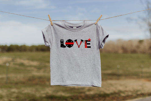 LOVE Firefighters Toddler Tee Kid's Tee T-Shirt - Thin Red Line Flag -Firefighter - First Responders - Red Line Flag - Fireman Tee