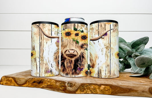 Highland Cow 4 in 1 Can Cooler, Fits all - Stainless Steel Can Cooler for 12oz Regular or Slim Cans & Bottles - Highland Cow Can Cooler