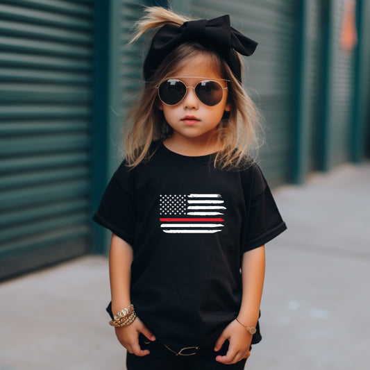 Thin Red Line Toddler Tee Kid's Tee T-Shirt - Firefighters - Military - American Flag - Red Line Flag - First Responders
