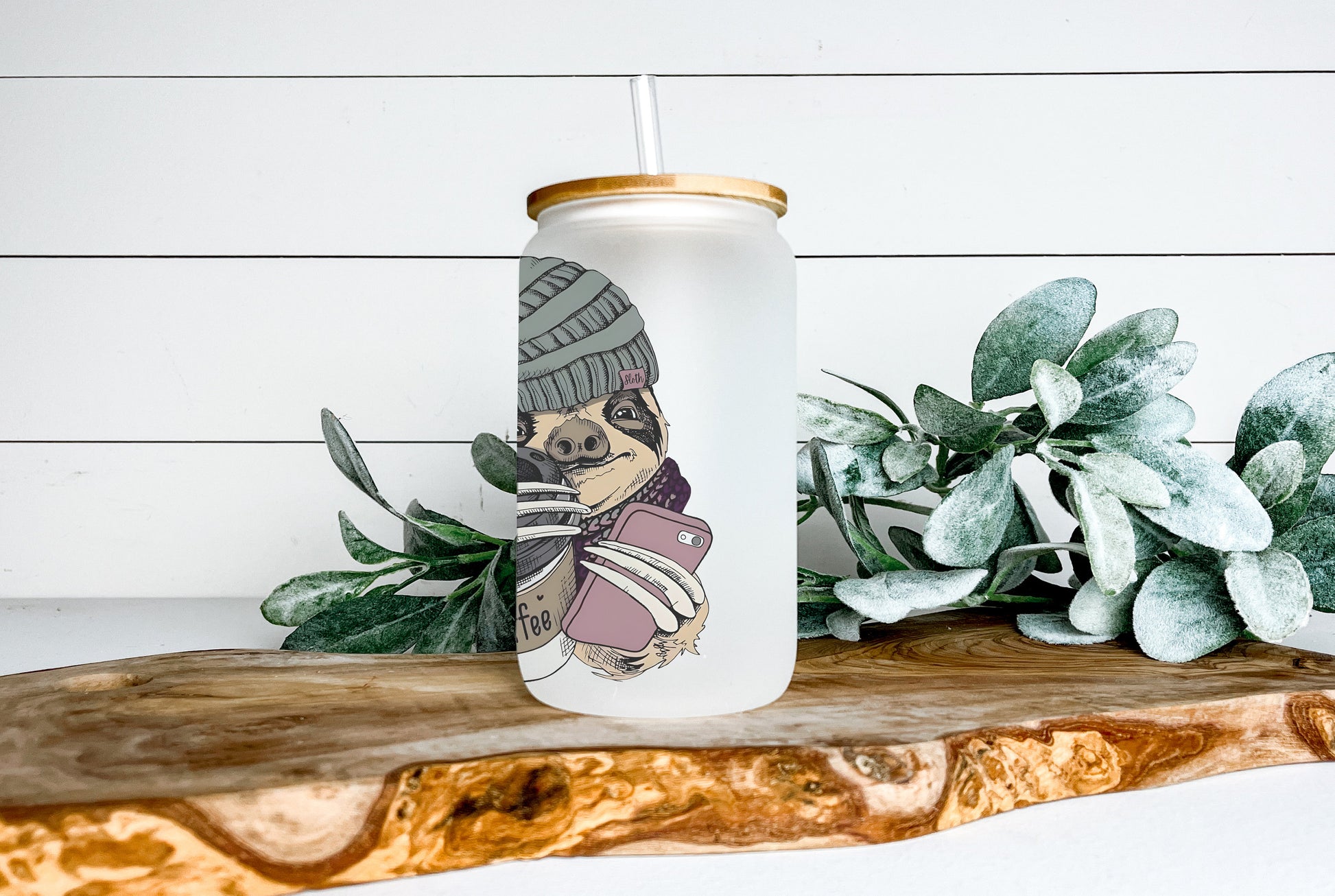 Hipster Sloth Cup Iced Coffee Cup Glass, Beer Can Glass, Hipster Sloth Coffee Cup, Glass Cup Coffee Can Beer, Sloth Soda Can Glass