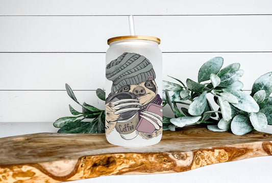 Hipster Sloth Cup Iced Coffee Cup Glass, Beer Can Glass, Hipster Sloth Coffee Cup, Glass Cup Coffee Can Beer, Sloth Soda Can Glass