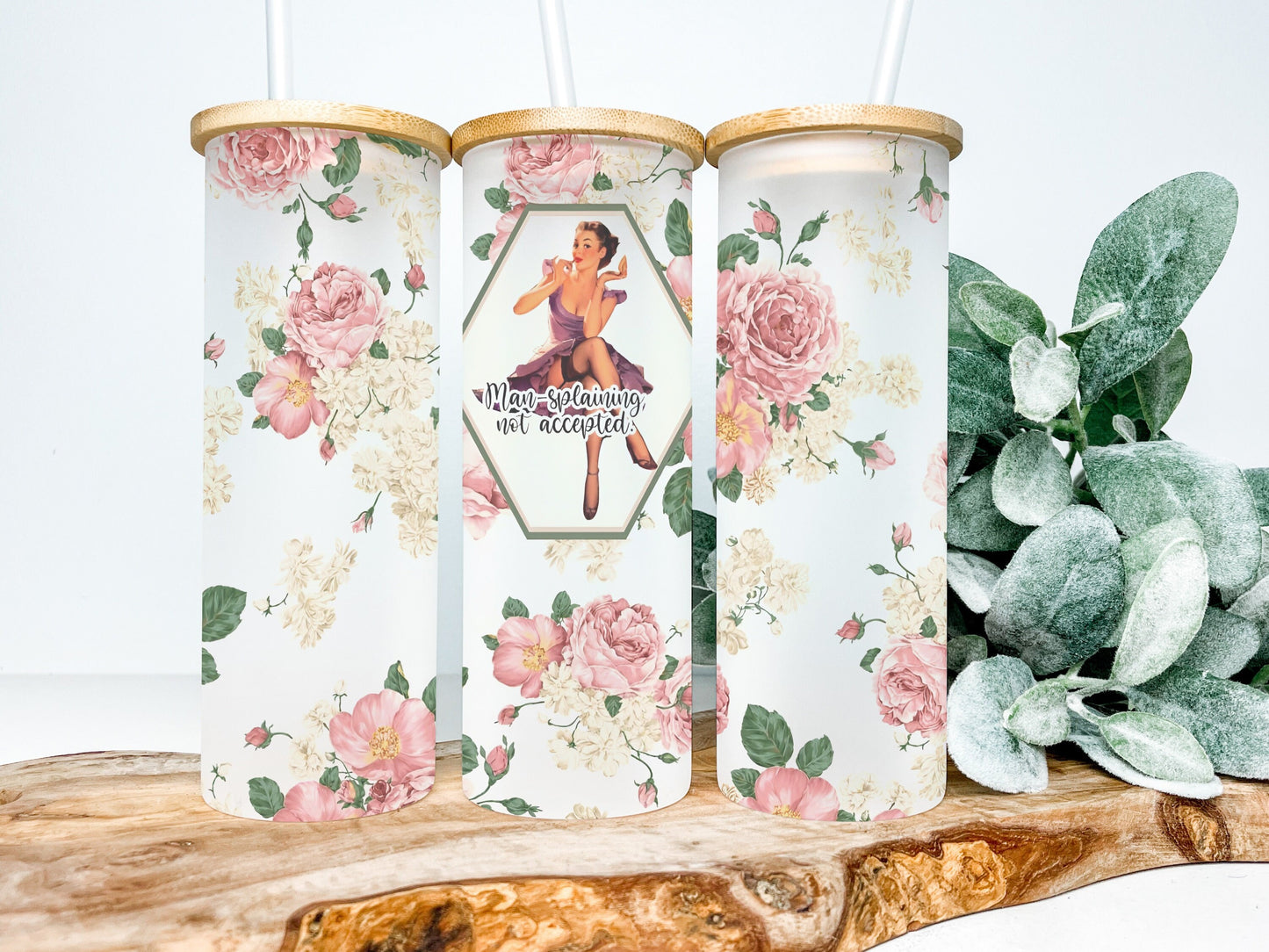 Man-Splaining Not Accepted 25oz Frosted Glass Tumbler, Floral Tumbler, Funny Tumbler Sarcastic Tumbler