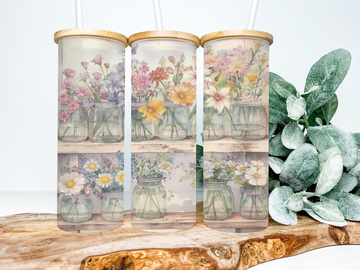 Vintage Floral 25oz Frosted Glass Tumbler, Floral Tumbler