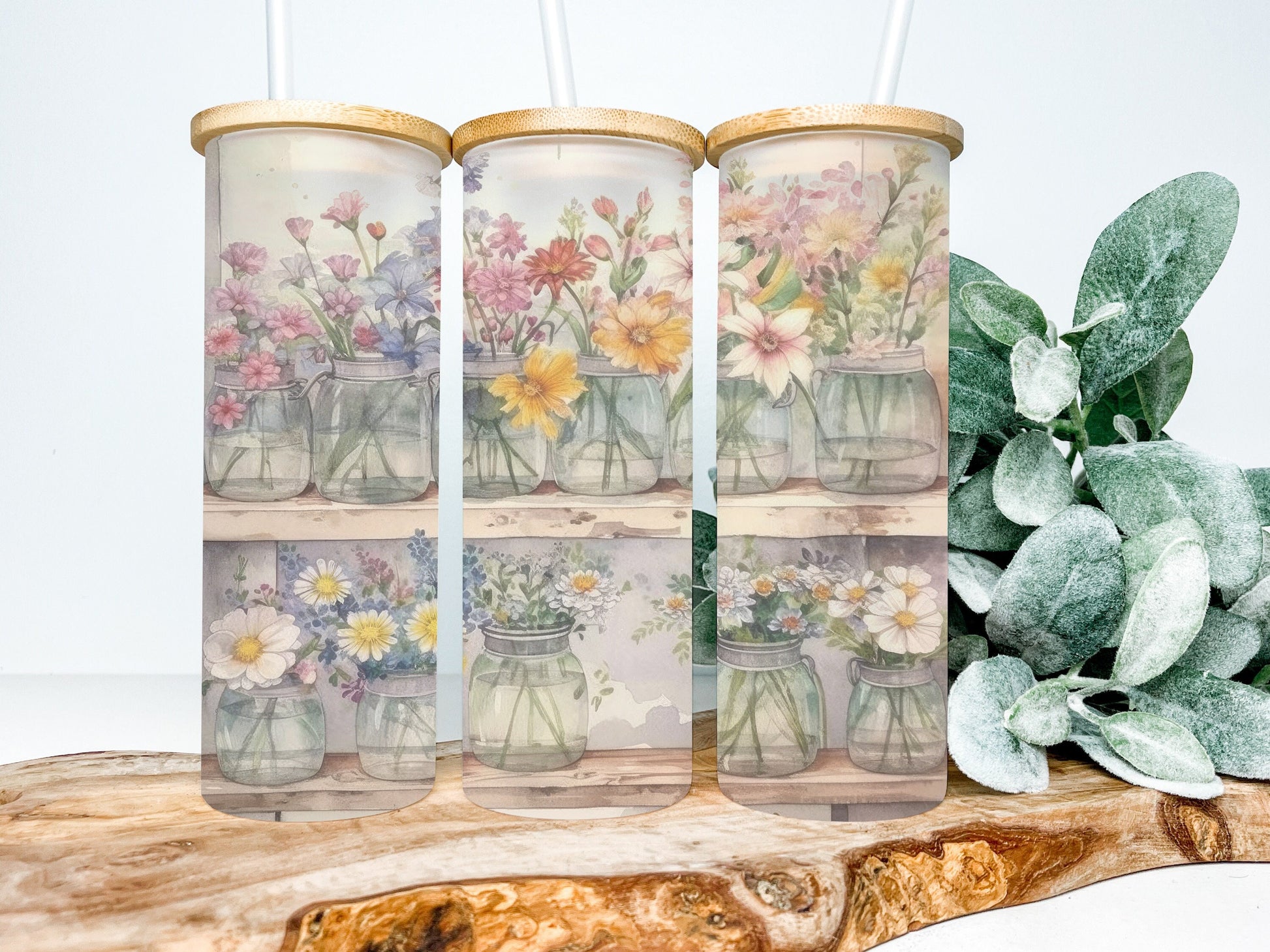 Vintage Floral 25oz Frosted Glass Tumbler, Floral Tumbler
