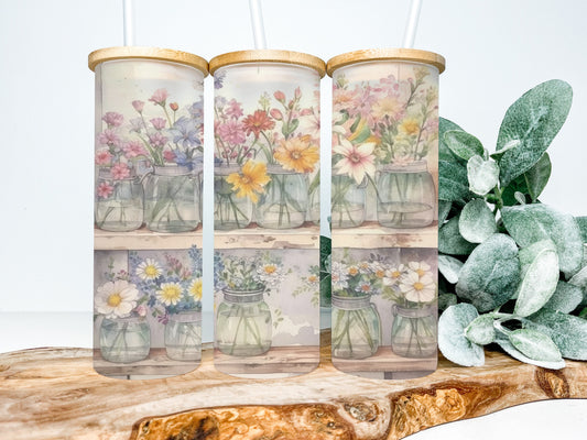 Vintage Floral 25oz Frosted Glass Tumbler, Floral Tumbler