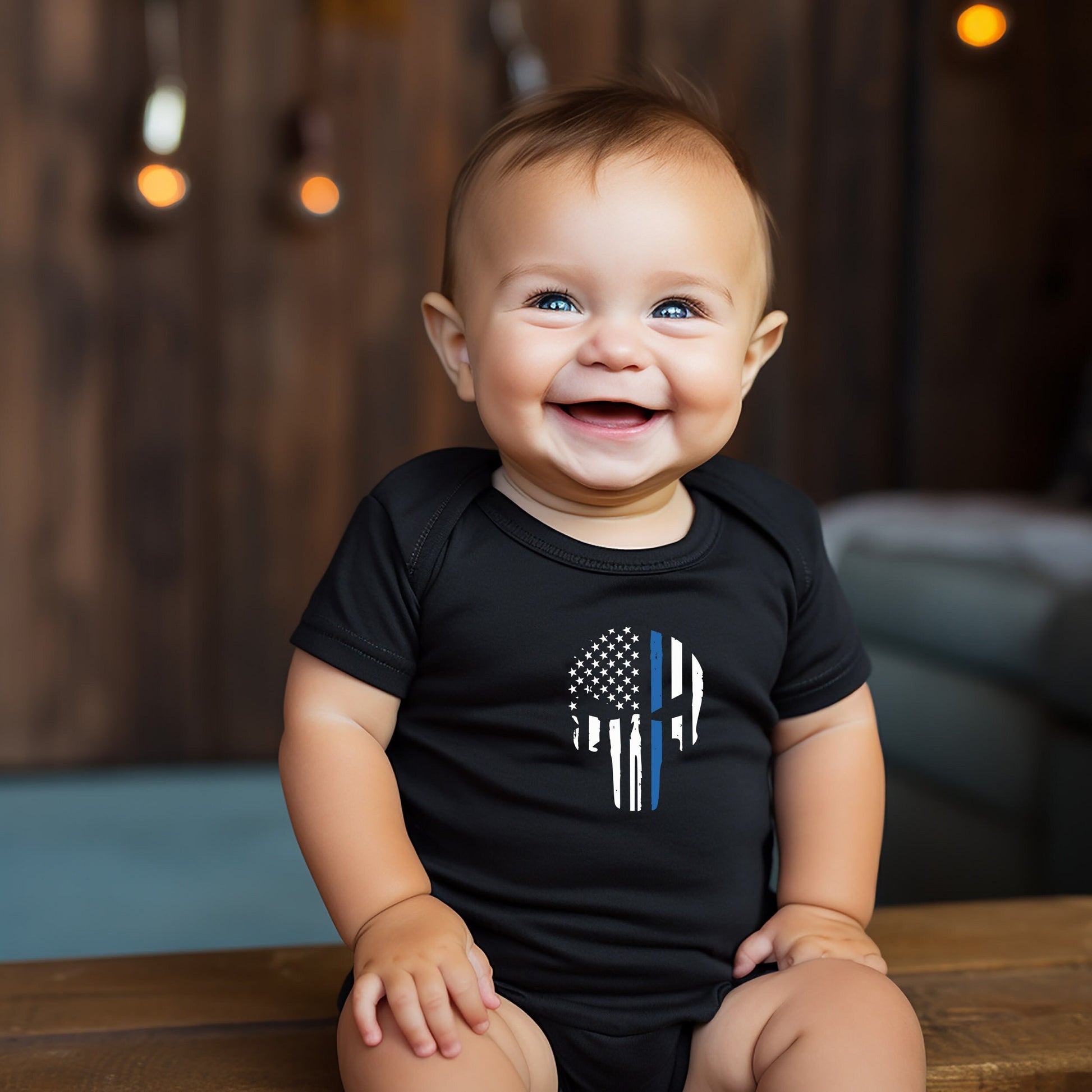 Thin Blue Line Baby Creeper - Law Enforcement - Police Flag - American Flag Blue Line Flag Creeper Bodysuit Romper