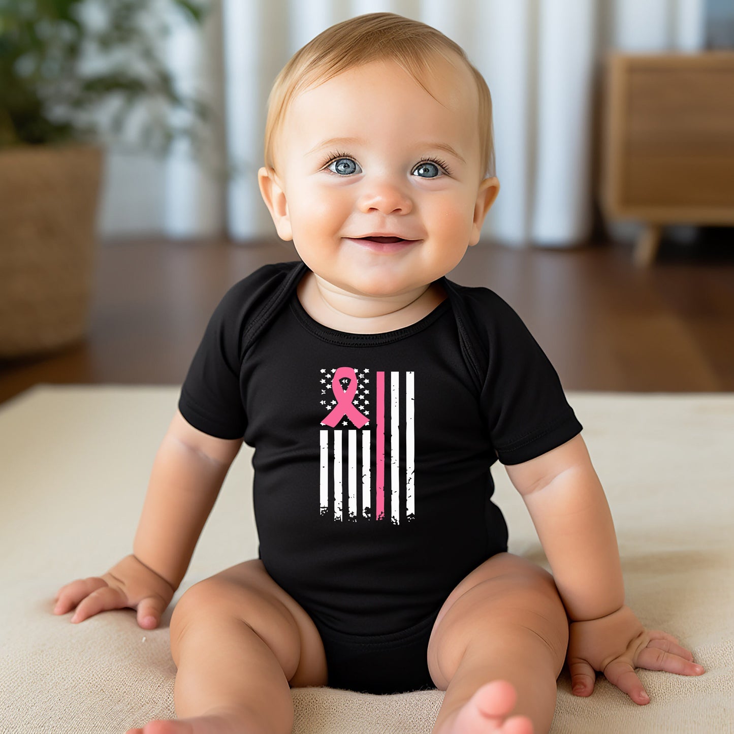 Breast Cancer Flag Baby Creeper - Breast Cancer Awareness -Pink Ribbon - American Flag -Pink Ribbon Bodysuit - Creeper Bodysuit