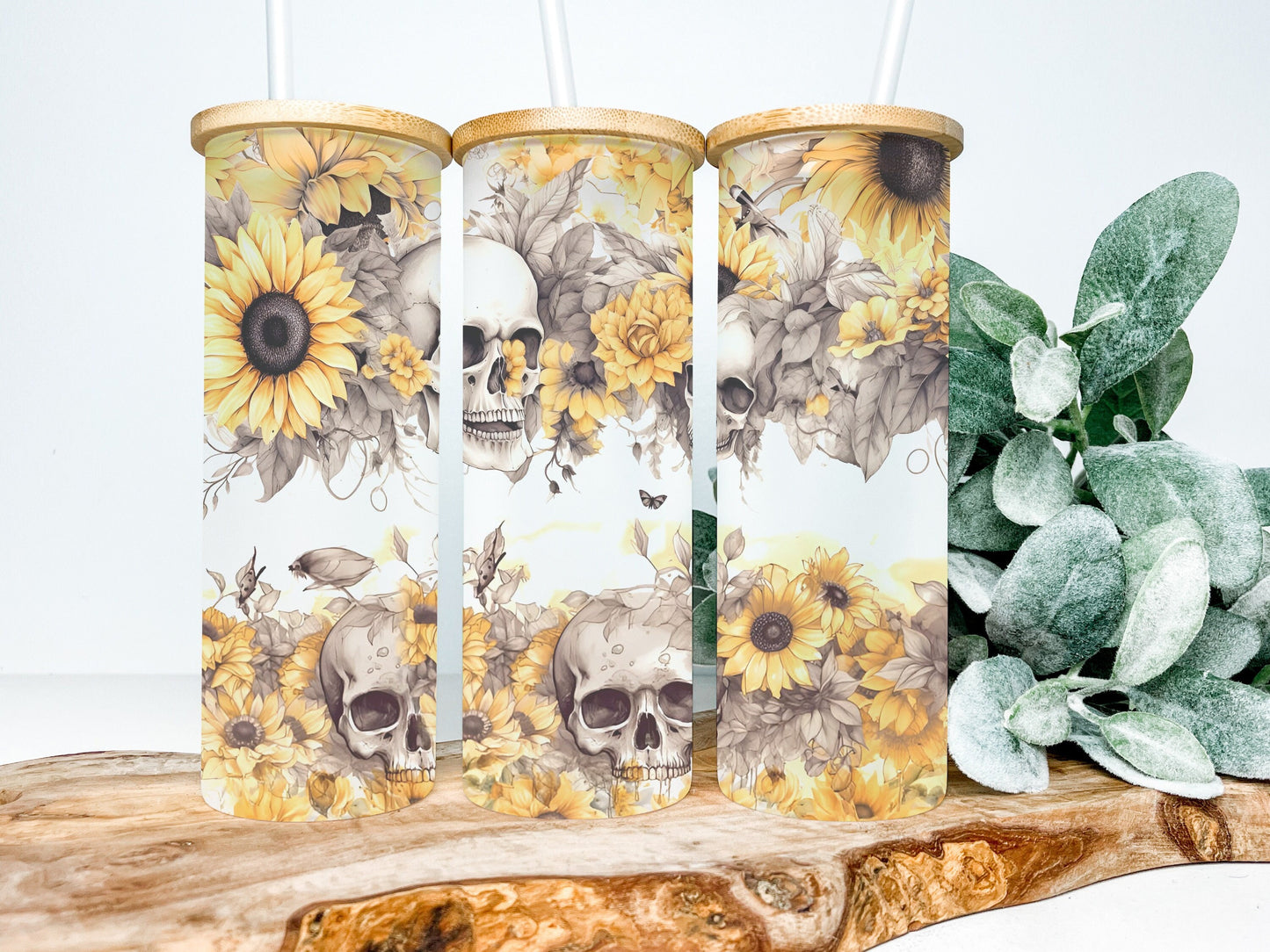 Sunflowers and Skulls 25oz Frosted Glass Tumbler, Skull Frosted Tumbler