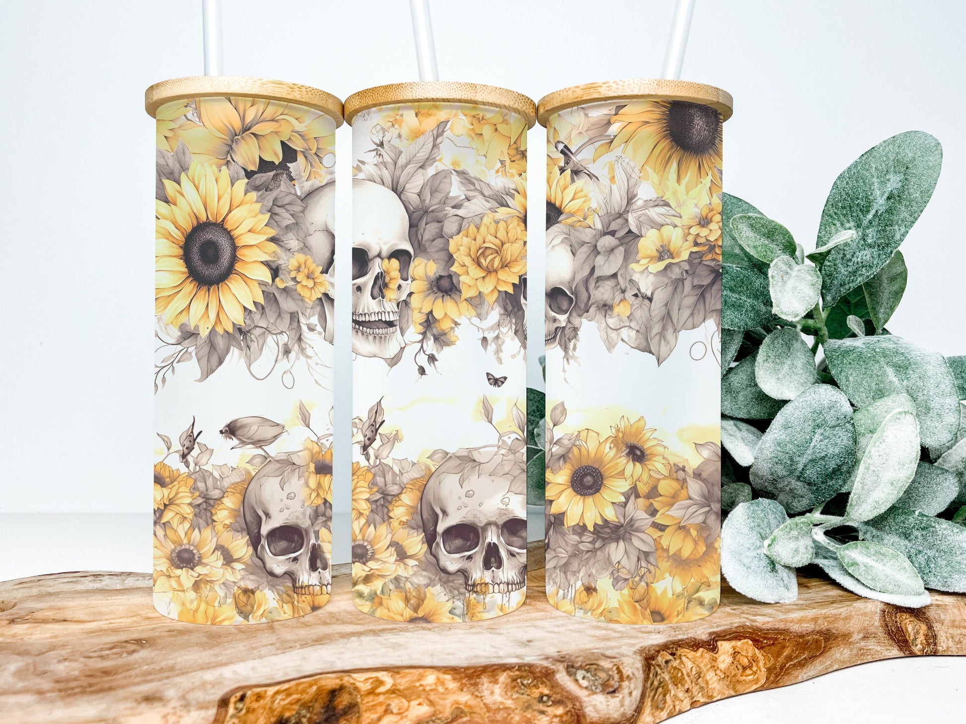 Sunflowers and Skulls 25oz Frosted Glass Tumbler, Skull Frosted Tumbler