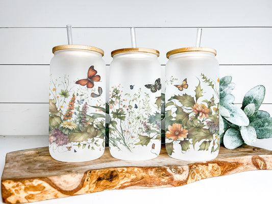 Floral Butterflies Cup Iced Coffee Cup Glass, Beer Can Glass, Floral Butterflies Coffee Cup, Glass Cup Coffee Can Beer