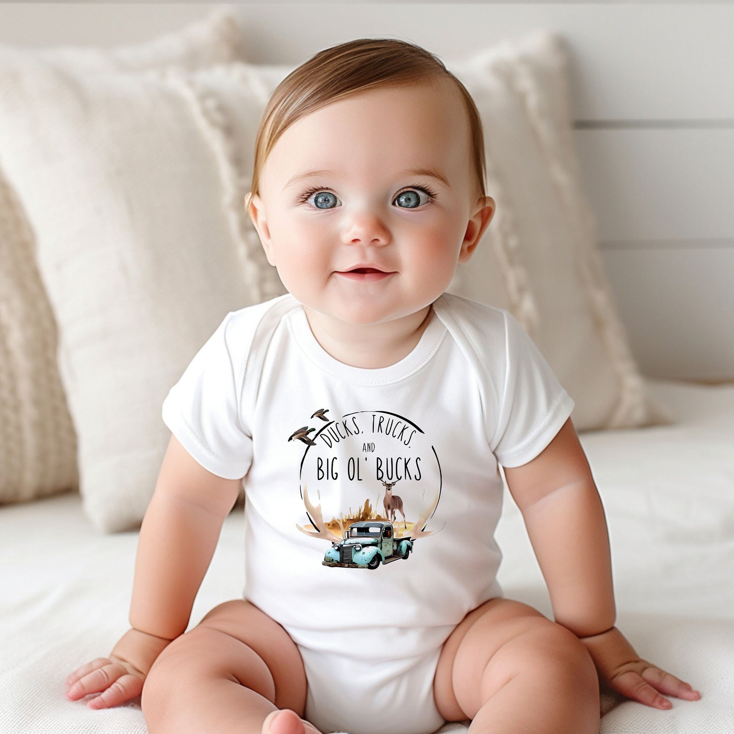 Ducks Trucks and Big Ol' Bucks Baby Bodysuit, Ducks Trucks and Big Ol' Bucks Baby Creeper, Country Baby
