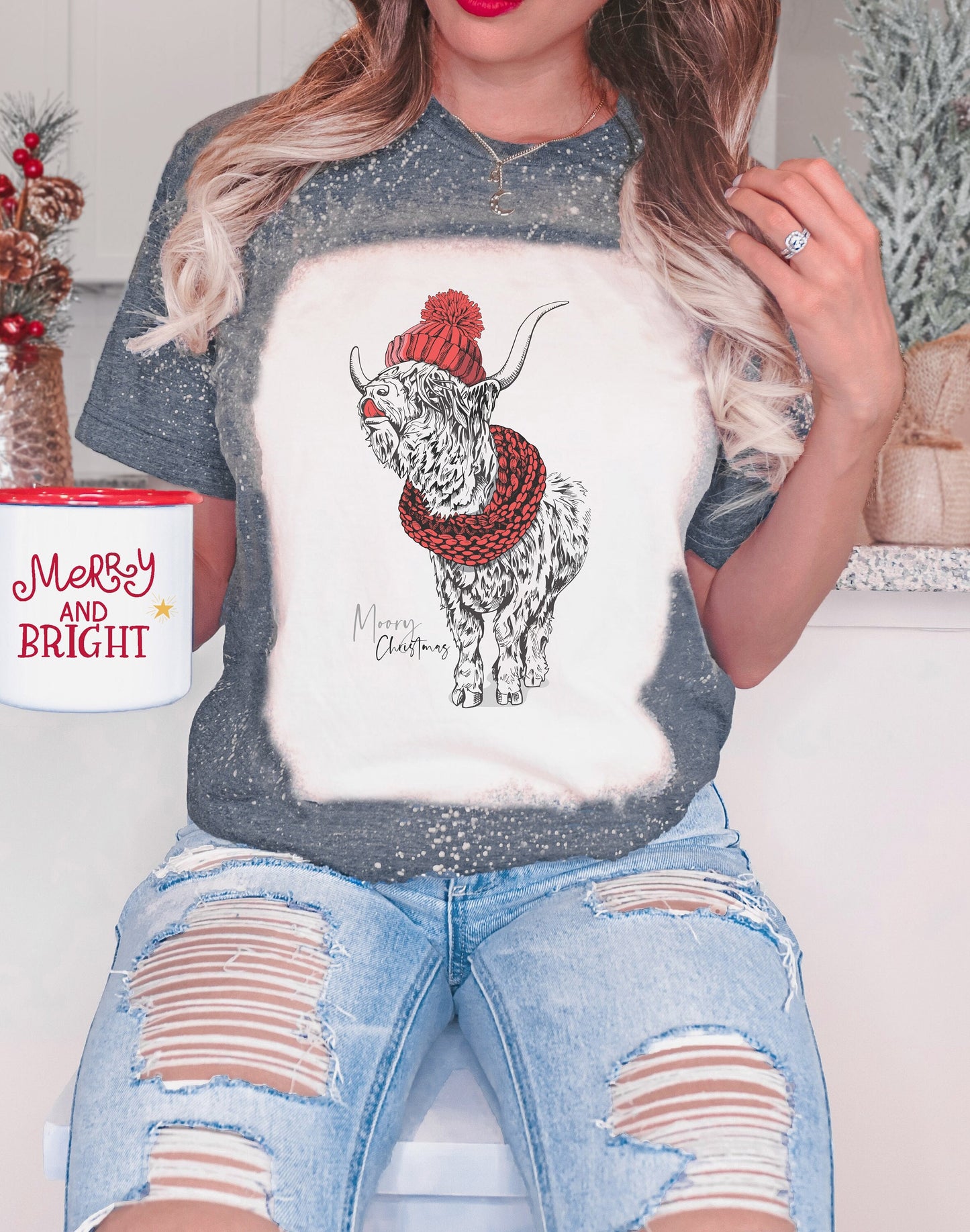 Moory Christmas Highland Cow Shirt Tee, Cow Bleached Tee, Christmas Cow Bleached Shirt, Cow Shirt Tee