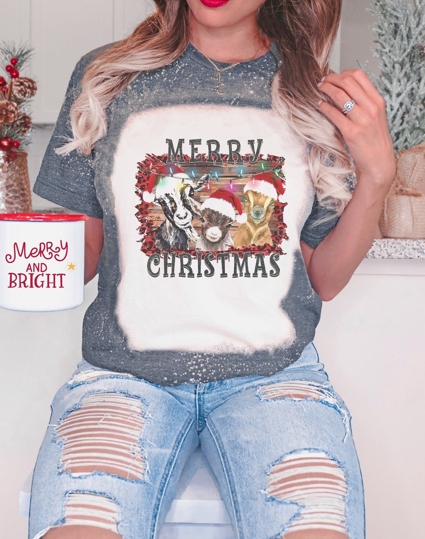 Merry Christmas Goats Shirt Tee, Goats Bleached Tee, Christmas Goats Bleached Shirt, Goat Shirt Tee