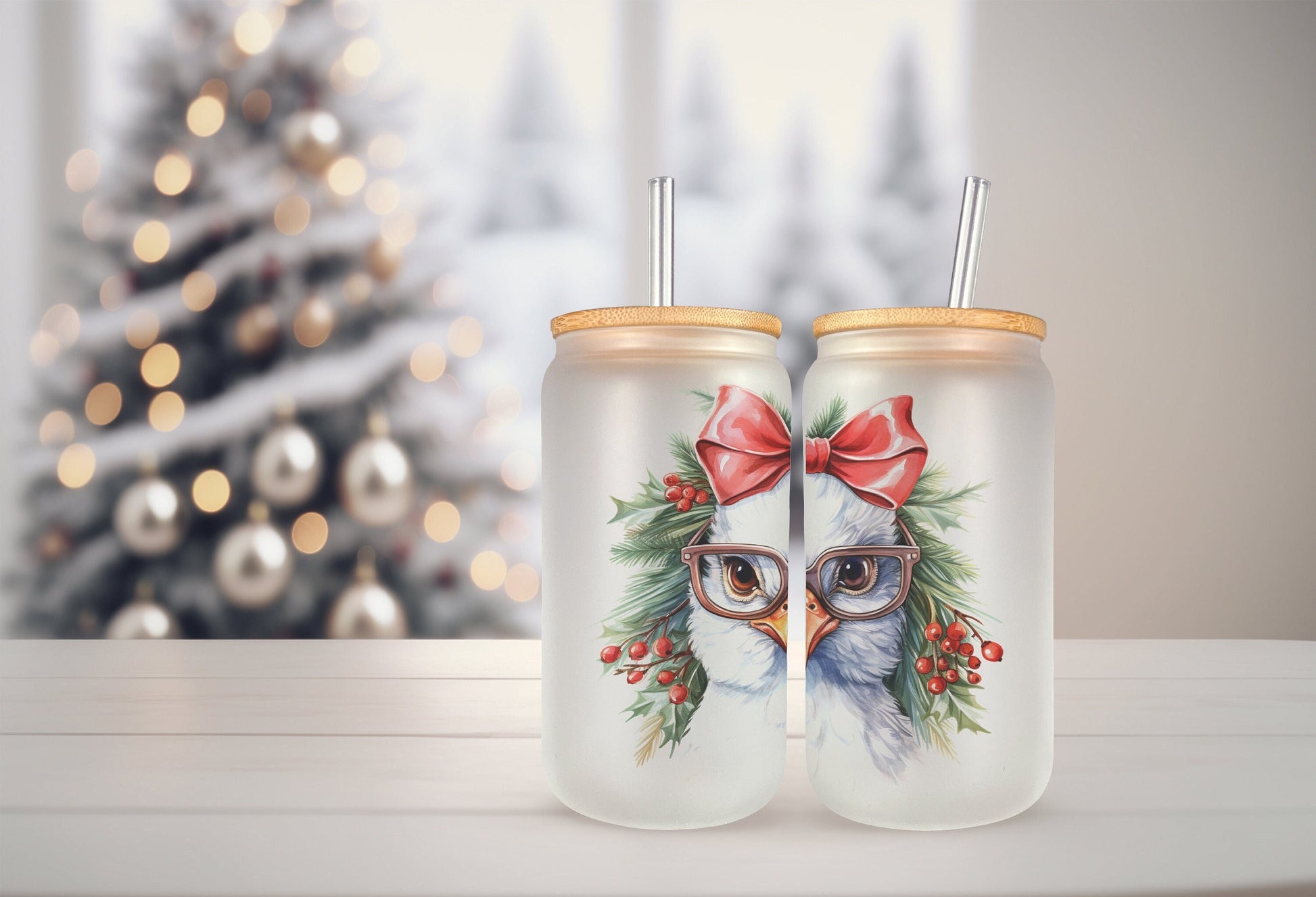 Christmas Chicken Cup Iced Coffee Cup Glass, Beer Can Glass, Christmas Chicken Glass Cup Can Beer, Christmas Chicken Soda Can Glass