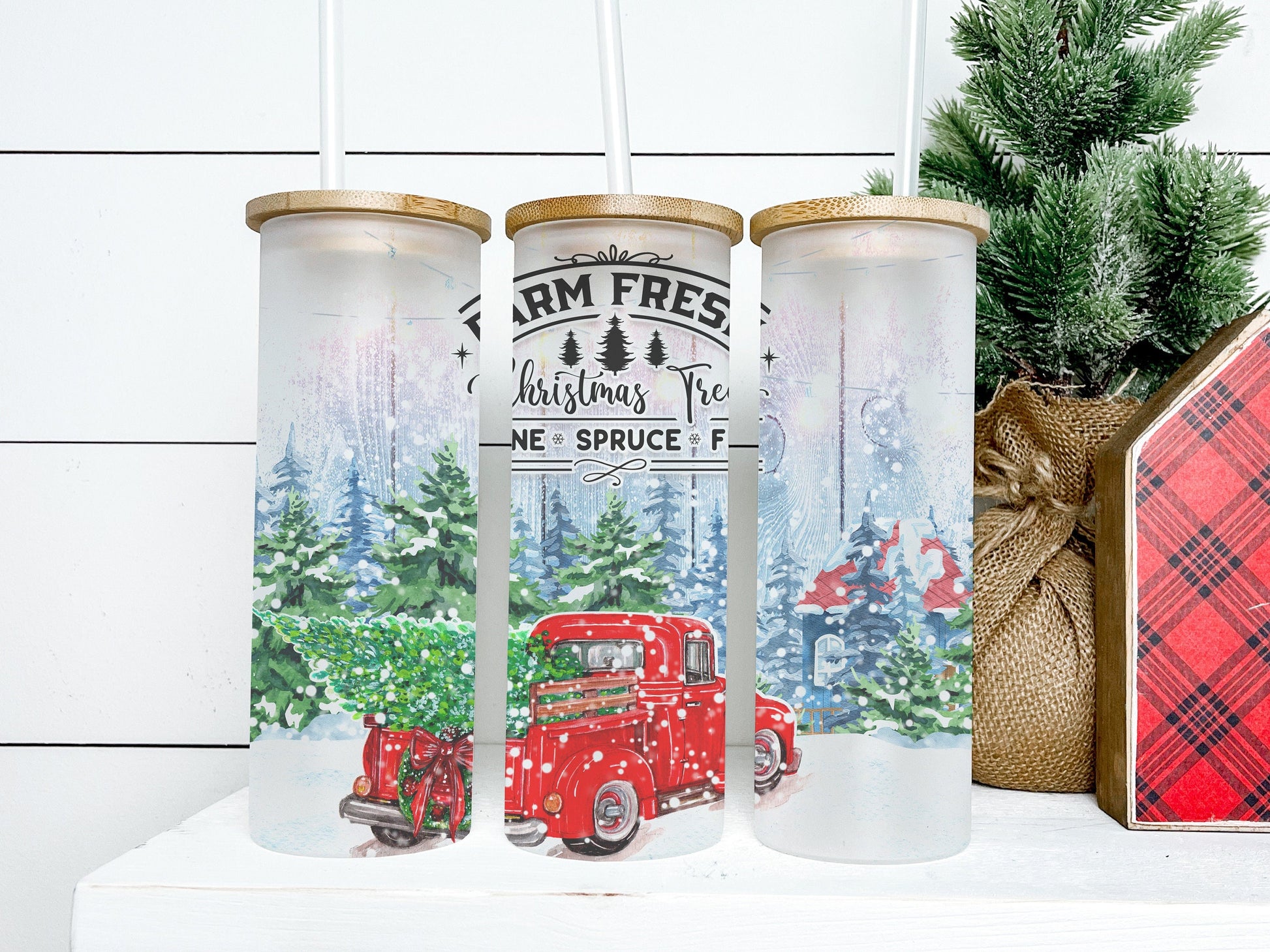 Farm Fresh Christmas 25oz Frosted Glass Tumbler, Farm Fresh Christmas Tumbler Vintage Christmas Tree Tumbler