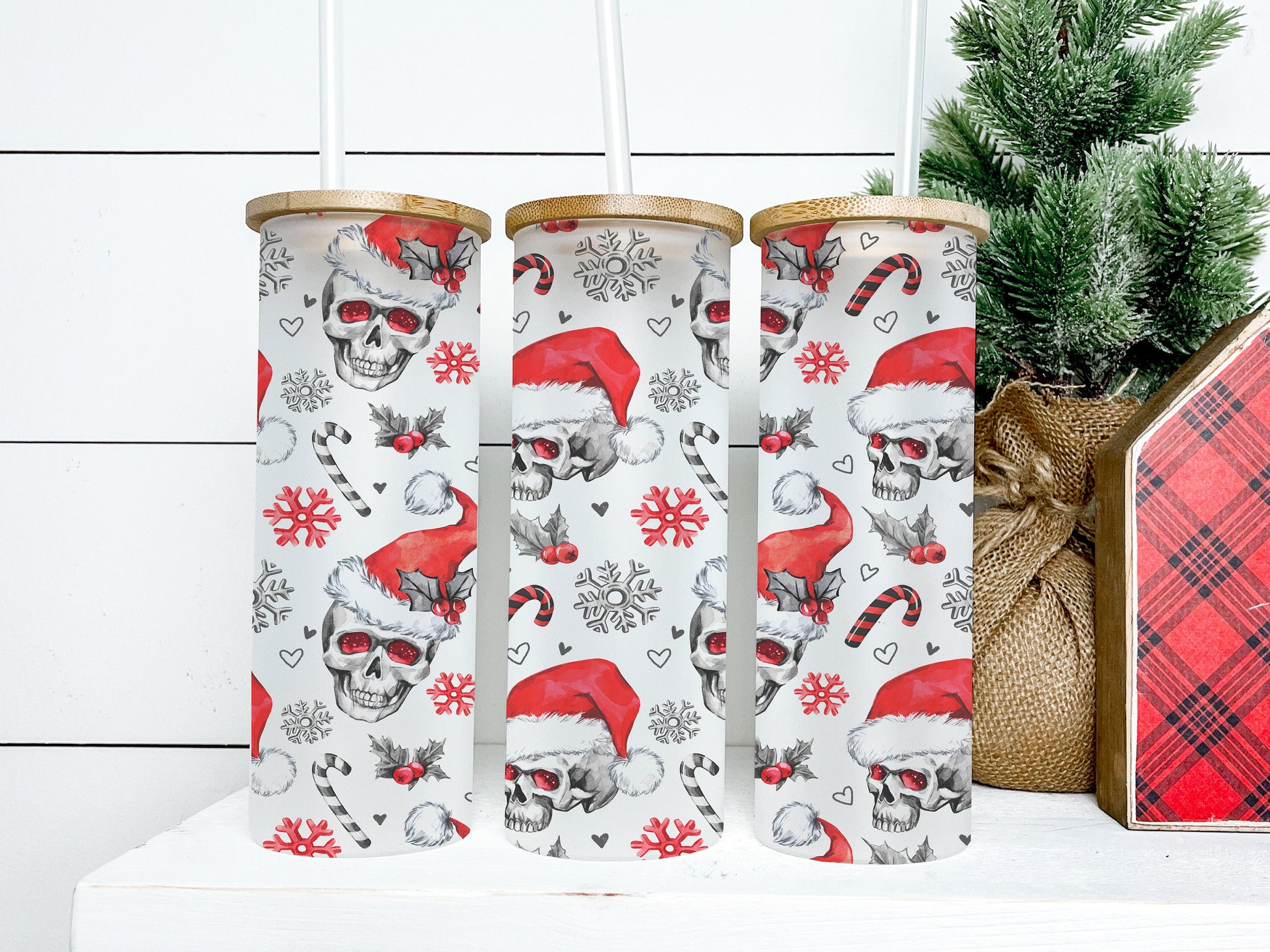 Skull Christmas 25oz Frosted Glass Tumbler, Skull Christmas Tumbler, Skull Christmas Frosted Tumbler