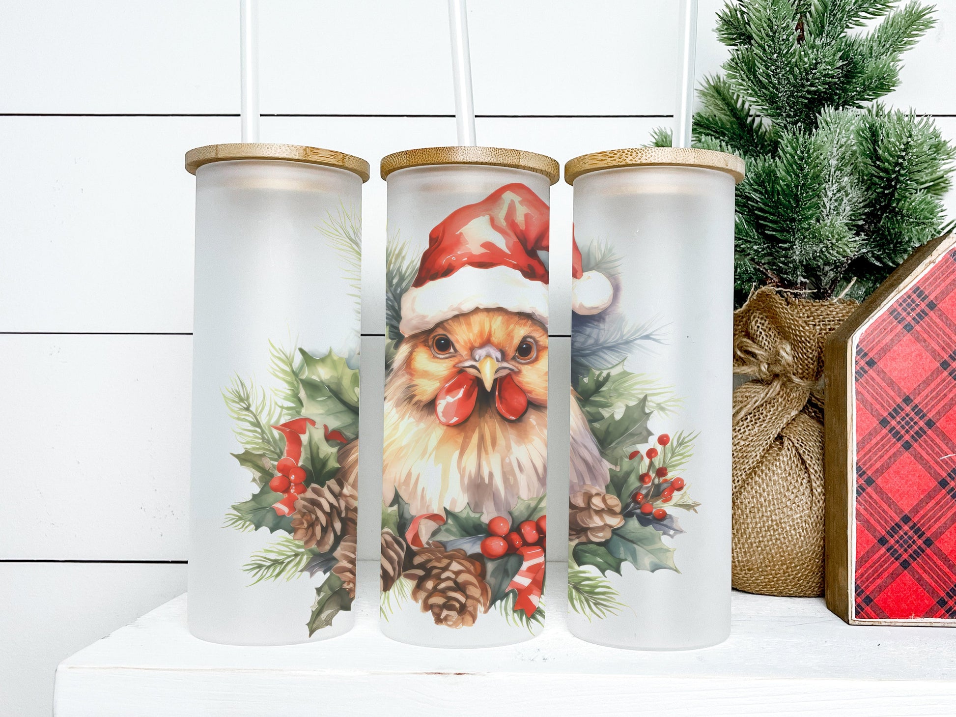 Christmas Chicken Tumbler 25oz Frosted Glass Tumbler, Christmas Chicken Tumbler, Christmas Chicken Tumbler