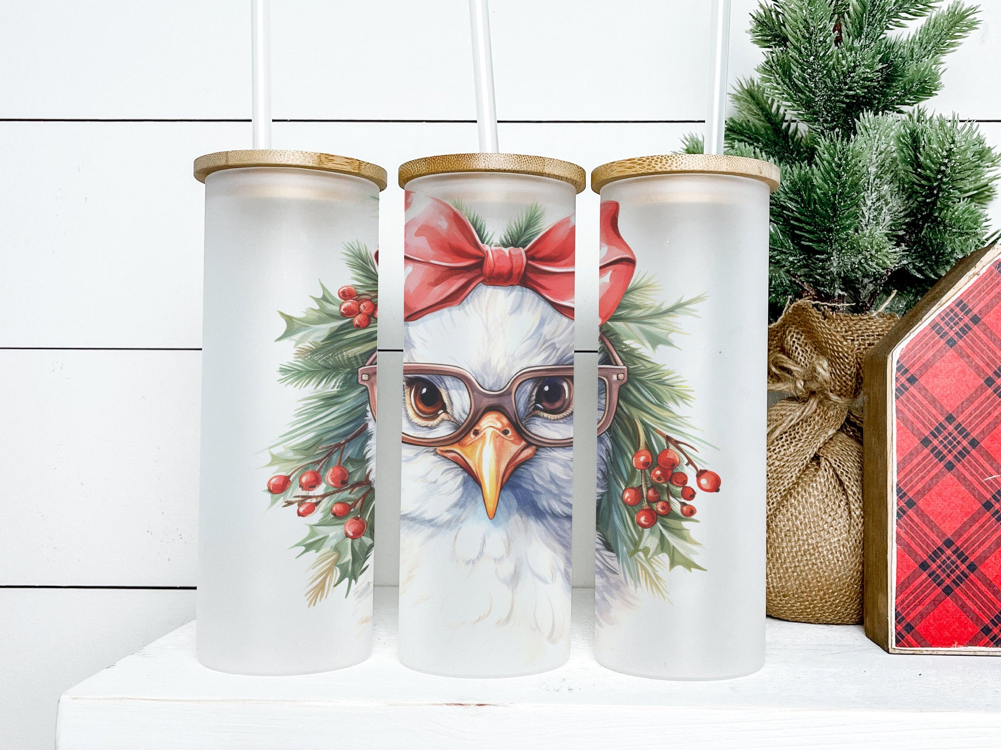 Christmas Chicken Tumbler 25oz Frosted Glass Tumbler, Christmas Chicken Tumbler, Christmas Chicken Tumbler