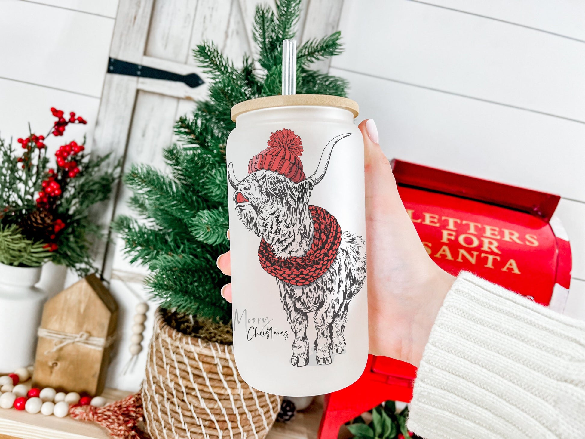 Moory Christmas Cow Cup Iced Coffee Cup Glass, Beer Can Glass, Christmas Cow Glass Cup Can Beer