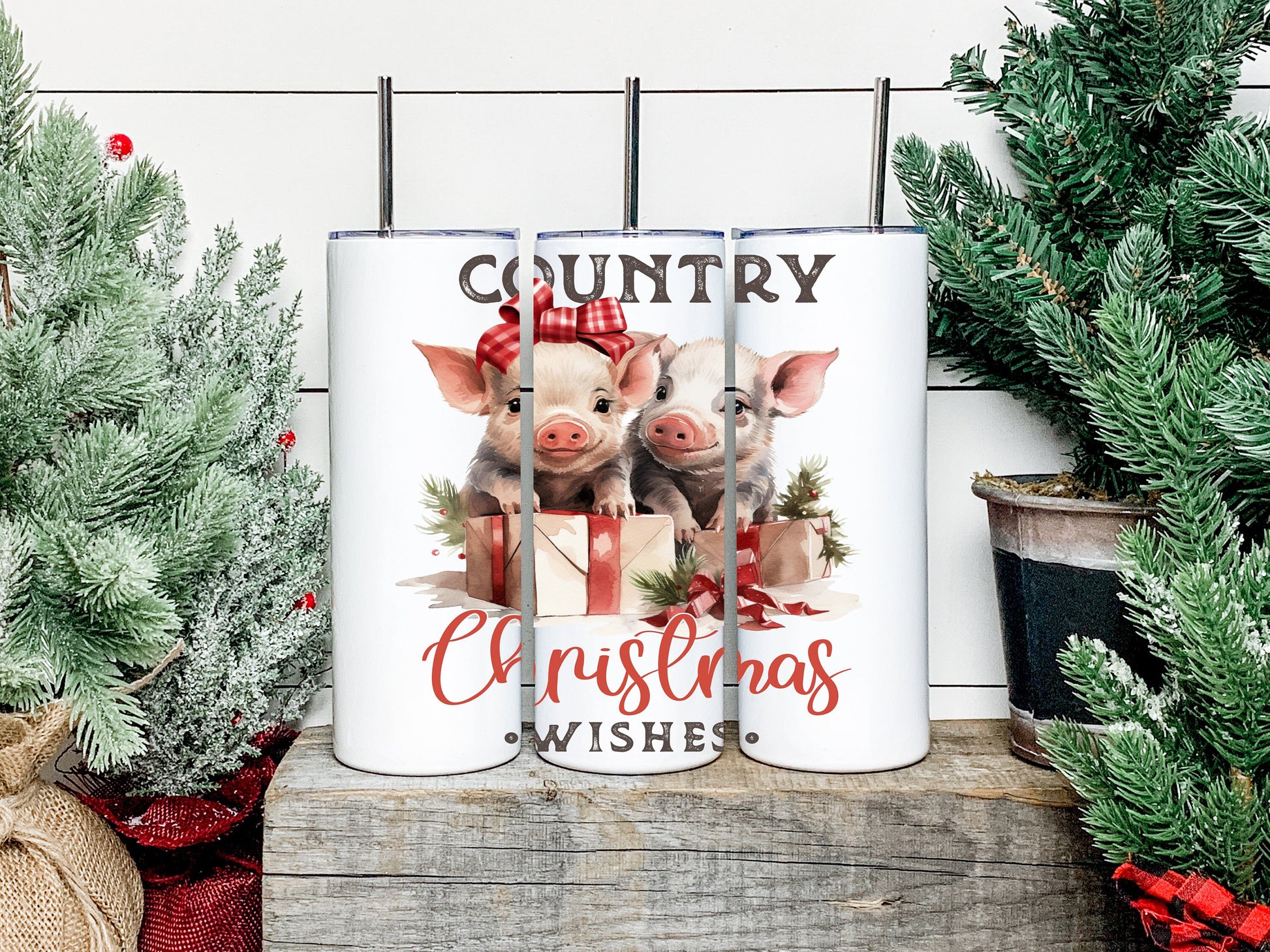 Country Christmas Pig Tumbler, Christmas Pig Skinny Tumbler, Christmas Pig Tumbler