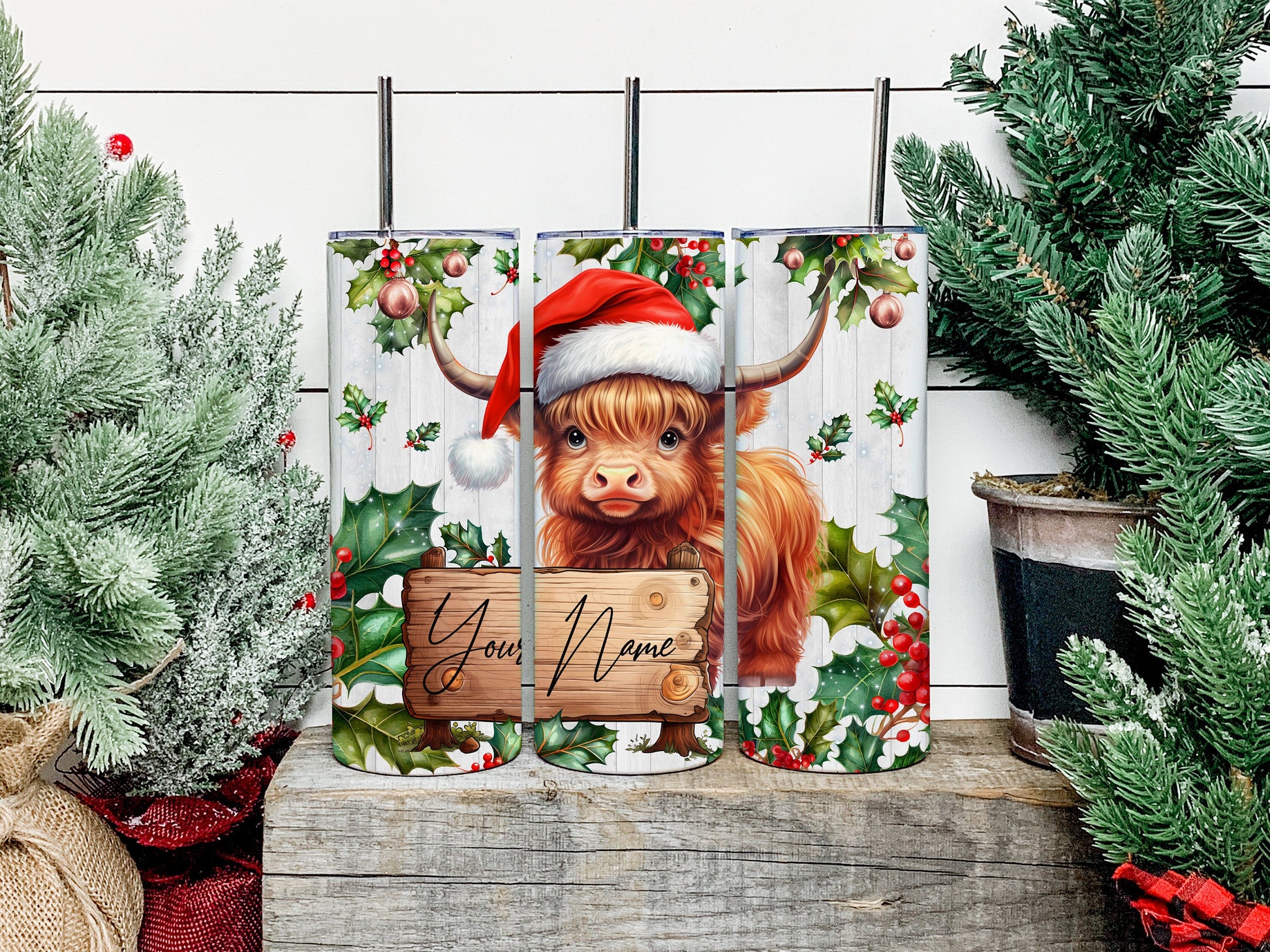 CUSTOM Christmas Highland Cow Tumbler, Christmas Highland Cow Skinny Tumbler, Christmas Highland Cow Tumbler