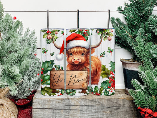 CUSTOM Christmas Highland Cow Tumbler, Christmas Highland Cow Skinny Tumbler, Christmas Highland Cow Tumbler