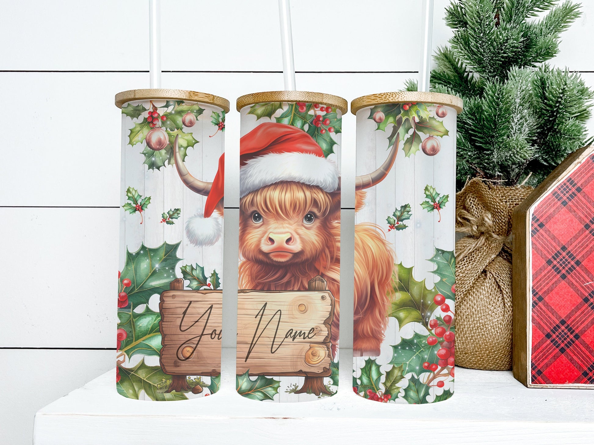 CUSTOM Christmas Highland Cow Tumbler 25oz Frosted Glass Tumbler, Christmas Highland Cow Tumbler, Christmas Cow Tumbler