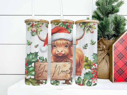 CUSTOM Christmas Highland Cow Tumbler 25oz Frosted Glass Tumbler, Christmas Highland Cow Tumbler, Christmas Cow Tumbler