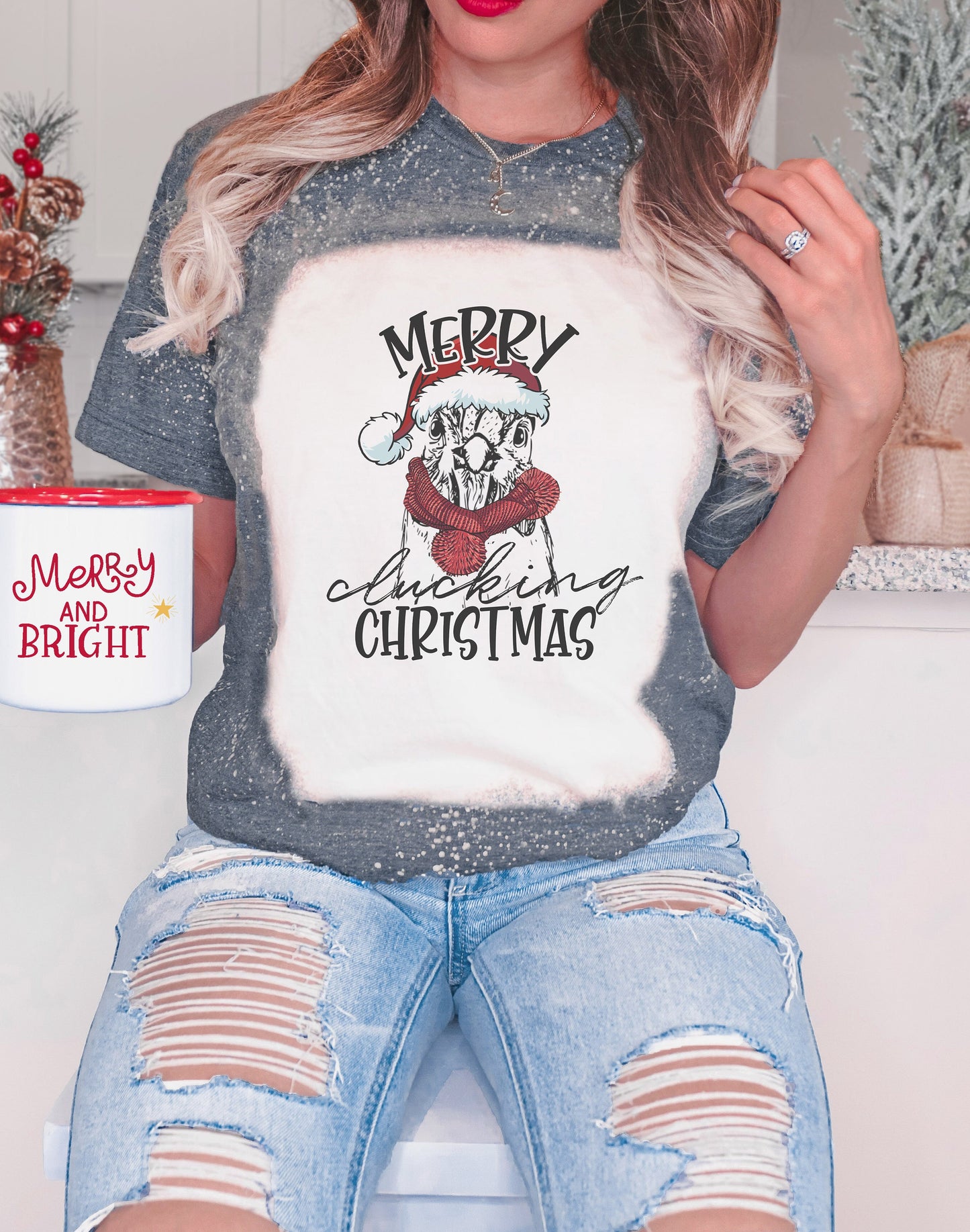 Merry Clucking Christmas Chicken Shirt Tee, Chicken Bleached Tee, Merry Clucking Christmas Bleached Shirt, Chicken Shirt Tee