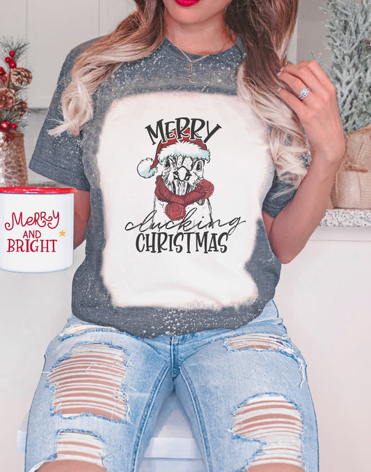 Merry Clucking Christmas Chicken Shirt Tee, Chicken Bleached Tee, Merry Clucking Christmas Bleached Shirt, Chicken Shirt Tee