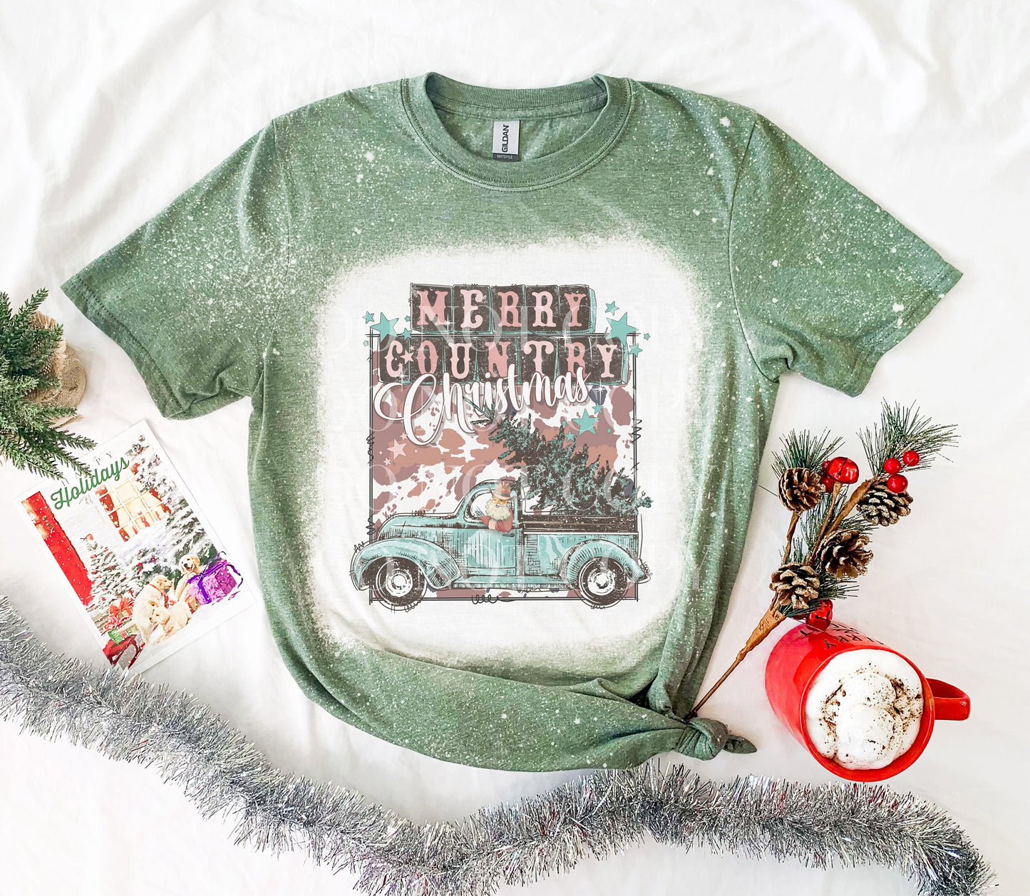 Merry Country Christmas Shirt Tee, Merry Country Christmas Bleached Tee, Country Christmas Bleached Shirt