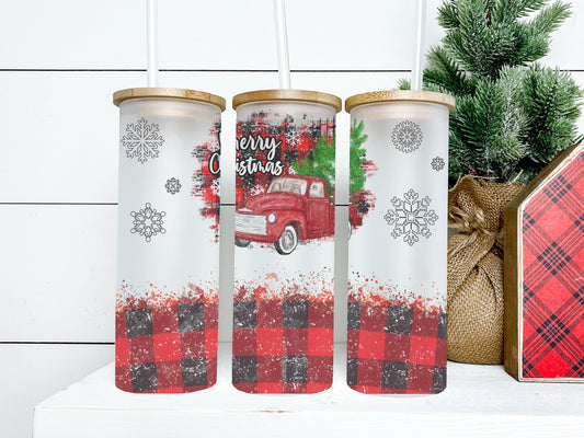 Merry Christmas 25oz Frosted Glass Tumbler, Merry Christmas Tumbler Vintage Christmas Truck Tumbler