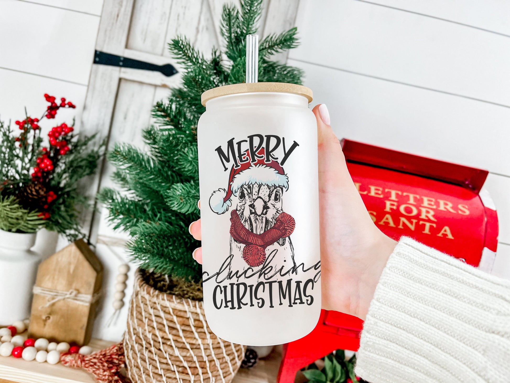 Merry Clucking Christmas Chicken Cup Iced Coffee Cup Glass, Beer Can Glass, Christmas Chicken Glass Cup Can Beer