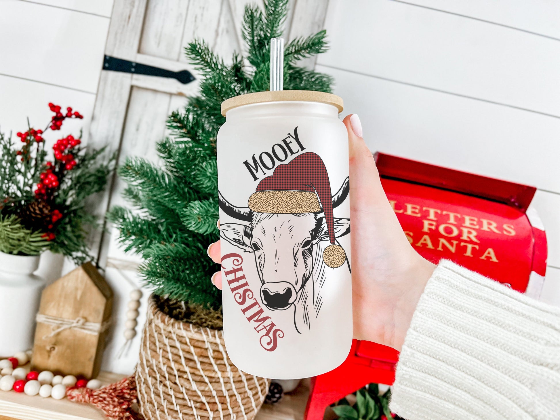 Moorey Christmas Cow Cup Iced Coffee Cup Glass, Beer Can Glass, Christmas Cow Glass Cup Can Beer