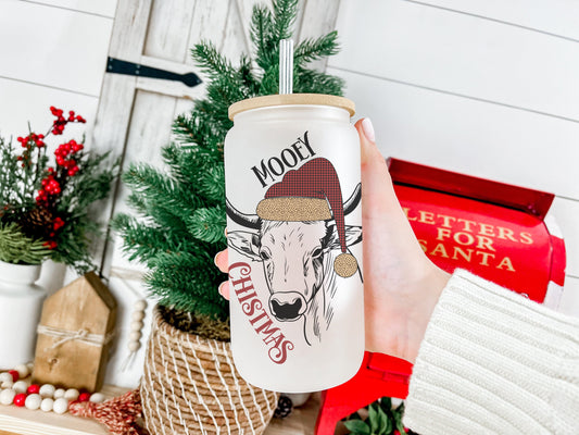 Moorey Christmas Cow Cup Iced Coffee Cup Glass, Beer Can Glass, Christmas Cow Glass Cup Can Beer