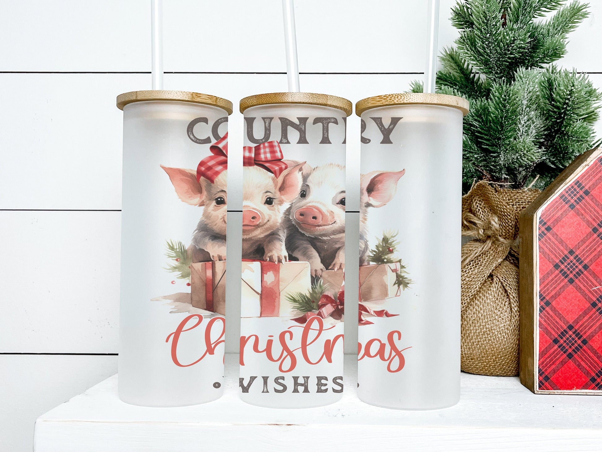 Country Christmas Pig Tumbler 25oz Frosted Glass Tumbler, Christmas Pig Tumbler, Christmas Pig Tumbler