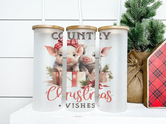 Country Christmas Pig Tumbler 25oz Frosted Glass Tumbler, Christmas Pig Tumbler, Christmas Pig Tumbler