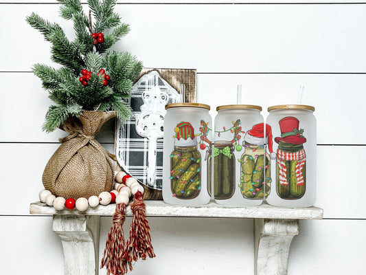 Christmas Pickles Cup Iced Coffee Cup Glass, Beer Can Glass, Christmas Pickles Glass Cup Can Beer