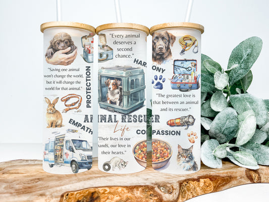 Animal Rescuer 25oz Frosted Glass Tumbler, Dog Tumbler, Cat Tumbler, Rescue Tumbler