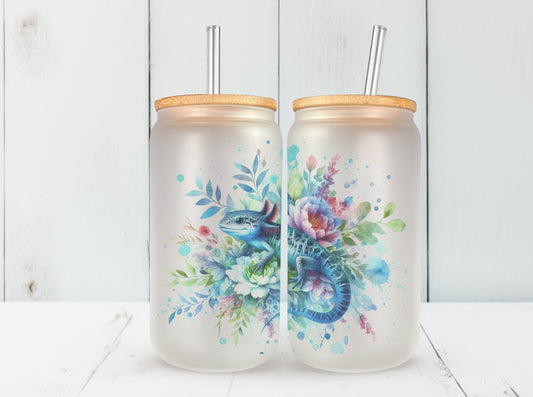 Floral Axolotl Iced Coffee Cup Glass Can, Axolotl Glass Can, Salamander Glass Can