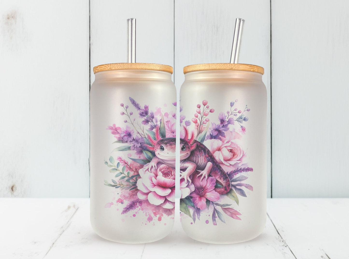 Floral Axolotl Iced Coffee Cup Glass Can, Axolotl Glass Can, Salamander Glass Can