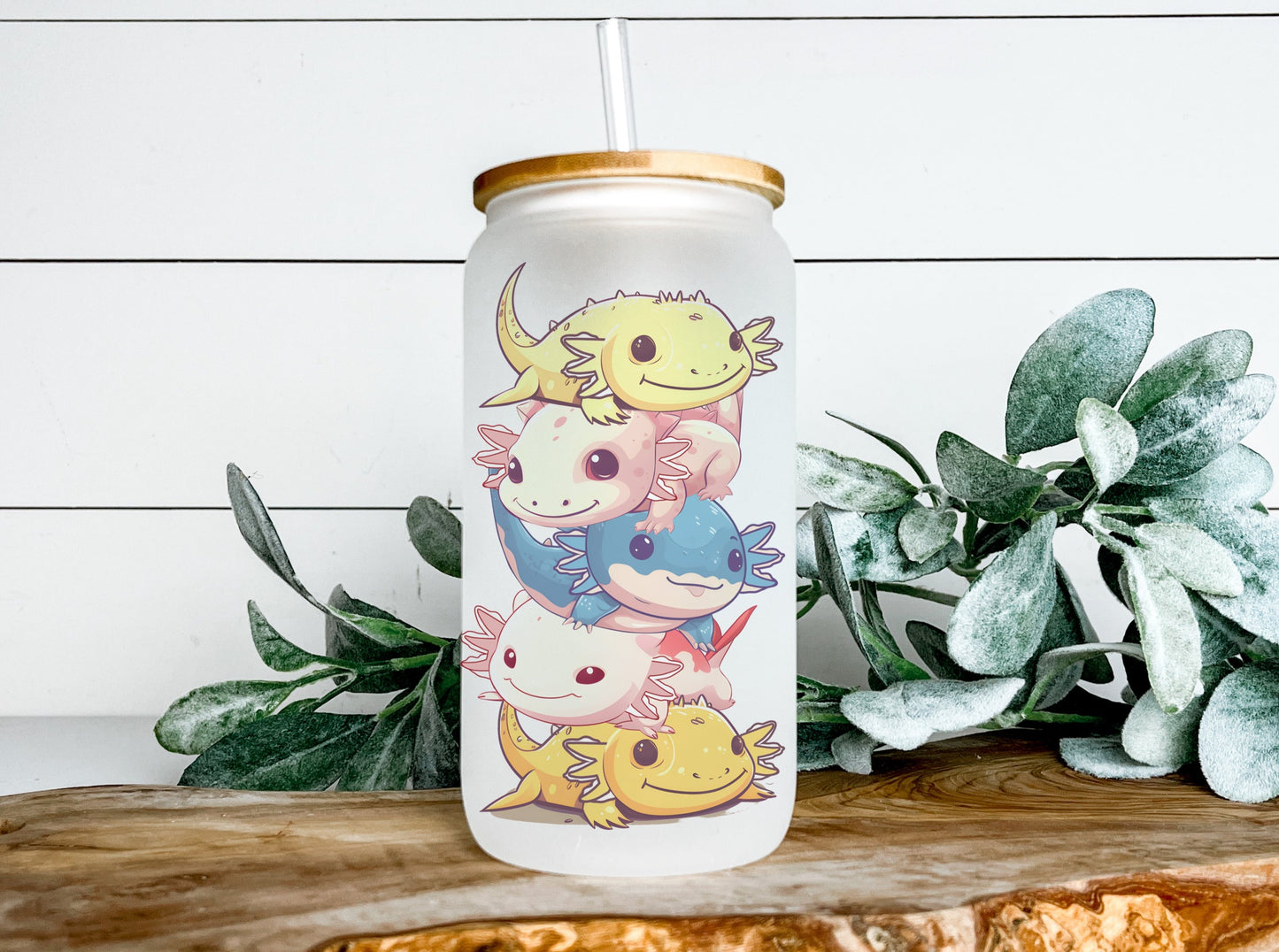 Axolotl Iced Coffee Cup Glass Can, Axolotl Glass Can, Salamander Glass Can