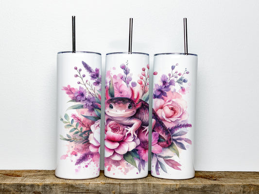 Floral Axolotl Tumbler, Axolotl Skinny Tumbler, Salamander Tumbler