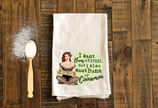 Buns of Cinnamon - Funny Kitchen Tea Towels - Humorous Flour Sack Dish Towel - Hilarious Housewarming Gift Kitchen Decor