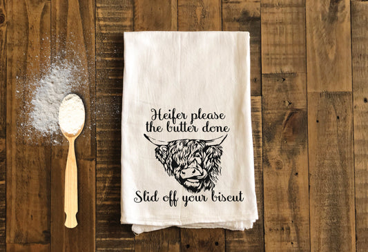 Heifer Please - Funny Kitchen Tea Towels - Humorous Flour Sack Dish Towel - Hilarious Housewarming Gift Kitchen Decor