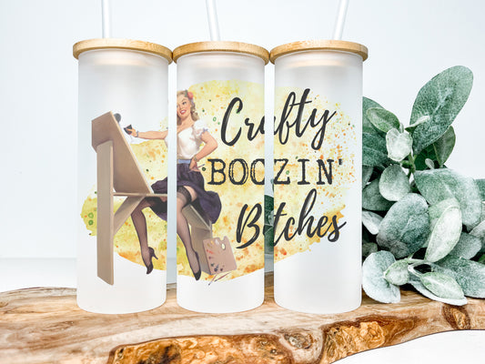 Crafty Boozin' Bitches 25oz Frosted Glass Tumbler, Funny Retro Housewives Tumbler