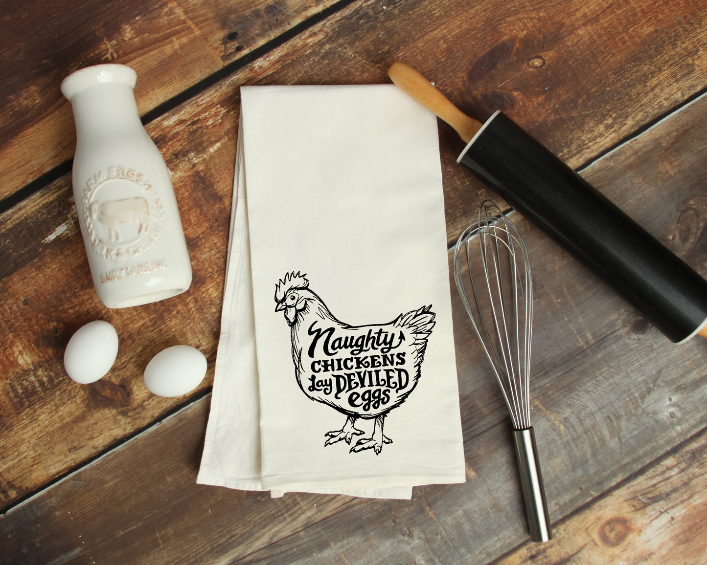 Naughty Chickens Lay Deviled Eggs - Funny Kitchen Tea Towels - Humorous Flour Sack Dish Towel - Hilarious Housewarming Gift Kitchen Decor