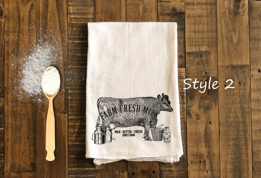 Farm Fresh Milk- Farmhouse Kitchen Tea Towels - Farmhouse Flour Sack Dish Towel - farmhouse Housewarming Gift Kitchen Decor