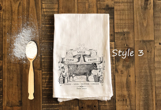 Farm Fresh Milk- Farmhouse Kitchen Tea Towels - Farmhouse Flour Sack Dish Towel - farmhouse Housewarming Gift Kitchen Decor